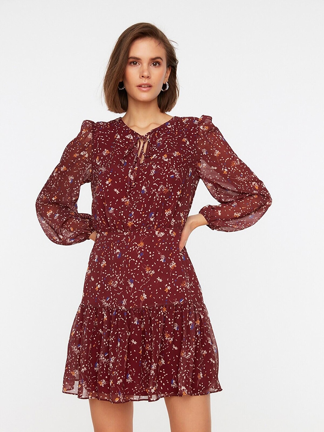 

Trendyol Burgundy Floral Tie-Up Neck Dress