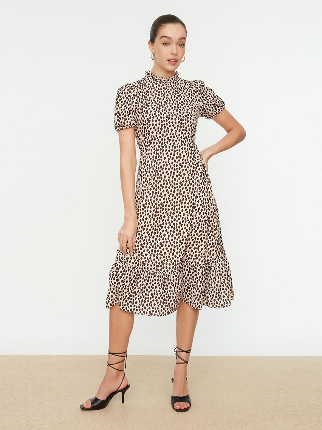 

Trendyol Women Cream-Coloured & Brown Animal A-Line Midi Dress