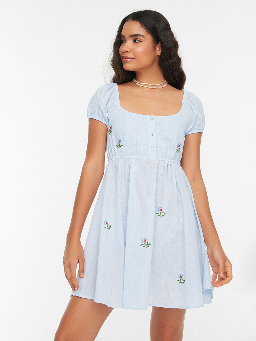 

Trendyol Blue Embroidered Mini Dress