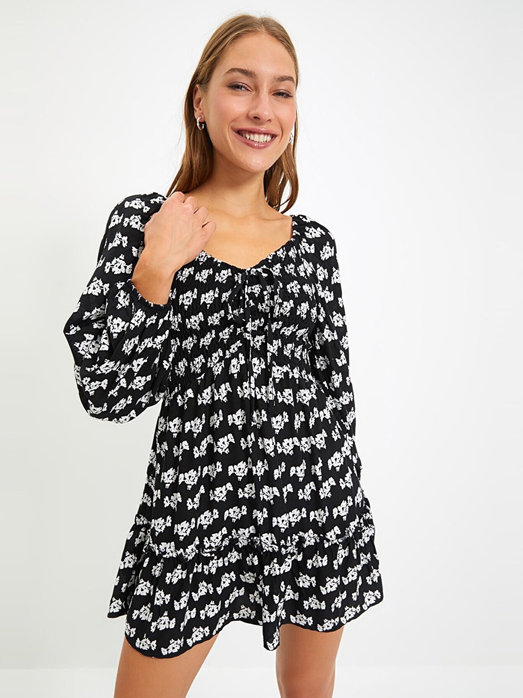 

Trendyol Black Floral A-Line Mini Dress