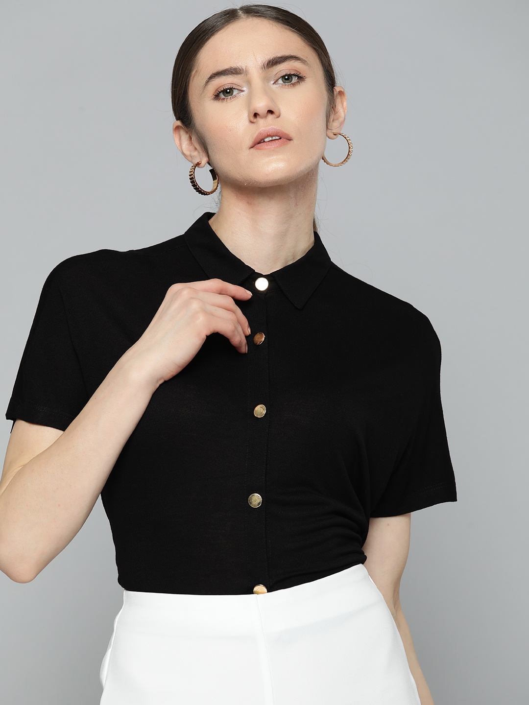 

Chemistry Women Solid Slim Collar Casual Shirt, Black