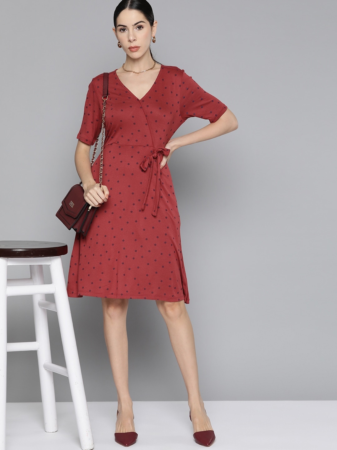 

Chemistry Women Rust Orange & Maroon Polka Dot Print Fit and Flare Dress