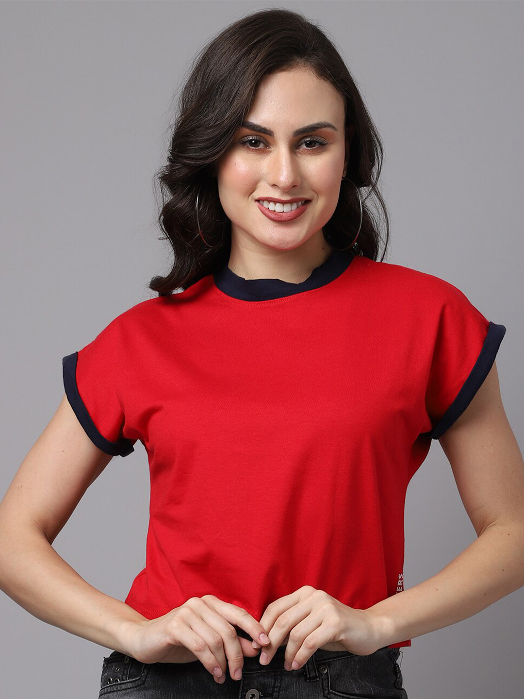 

Friskers Women Red & Black Colourblocked Extended Sleeves Boxy T-shirt