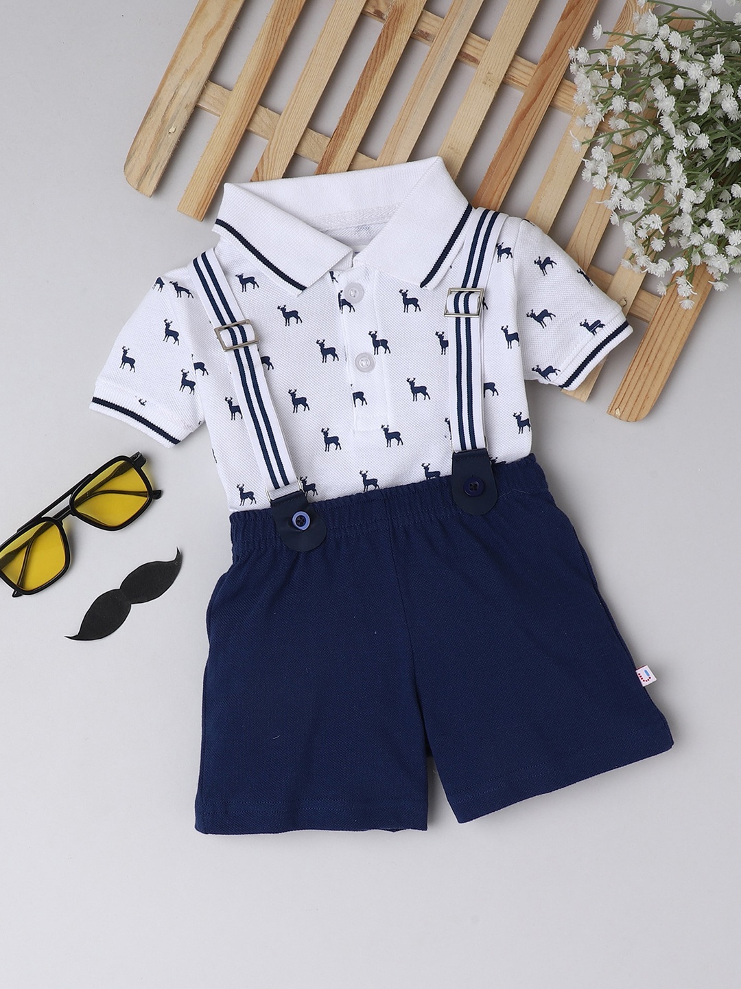 

BUMZEE Boys White & Navy Half Sleeves T-shirt Short Set With Suspender Age - 6-12 Months