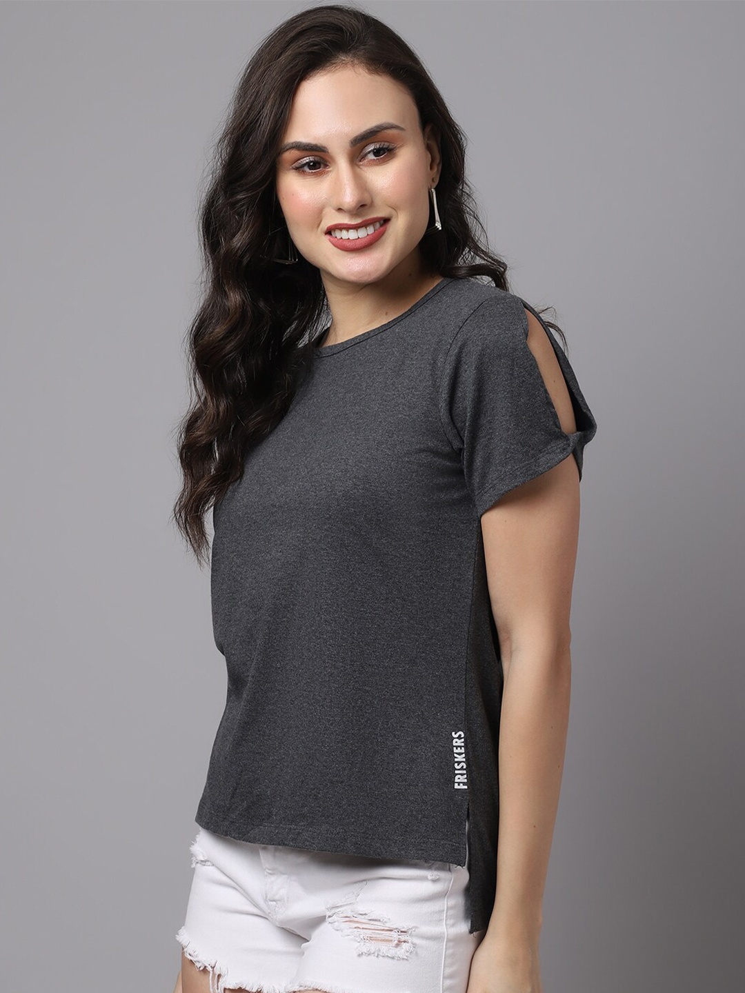 

Friskers Grey Slit Sleeves Cotton Top