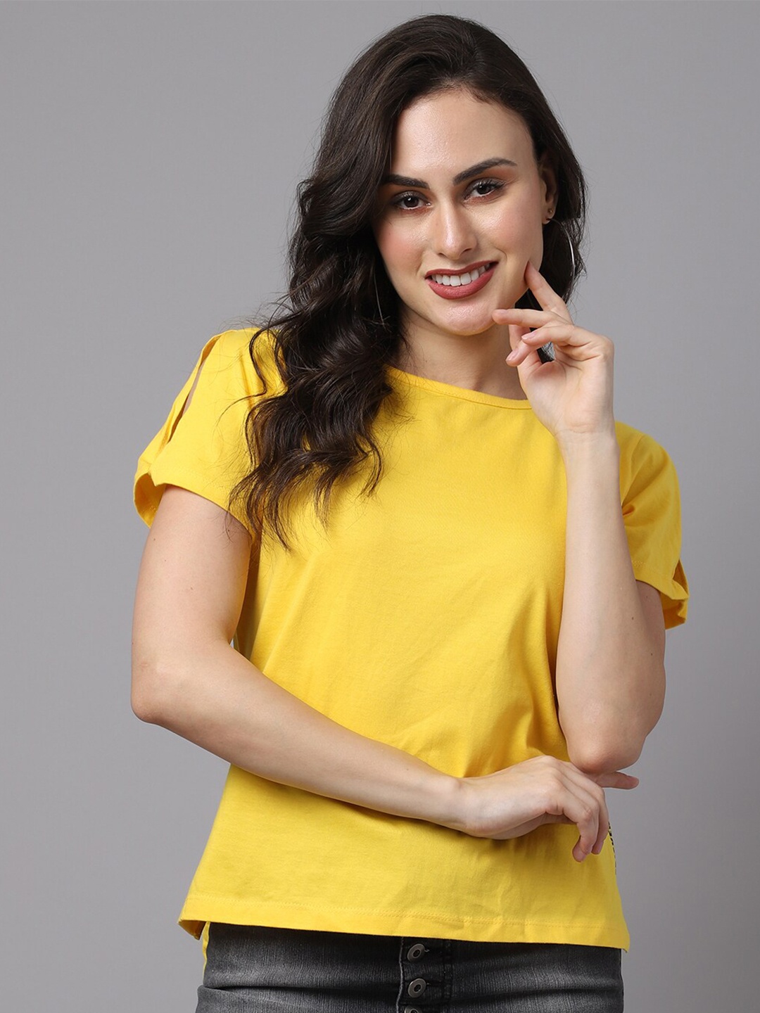 

Friskers Women Yellow Solid High-Low Pure Cotton Top