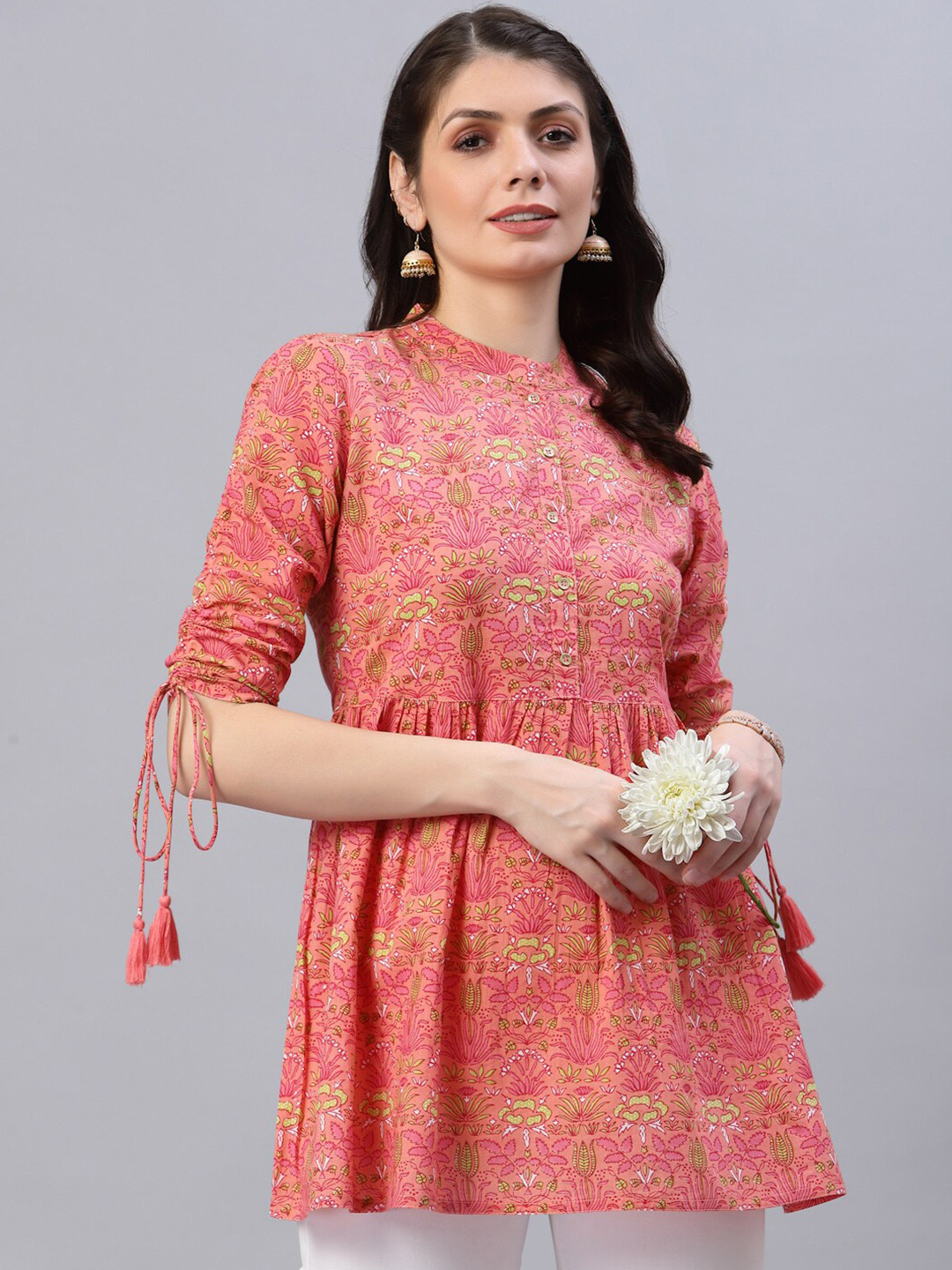 

Ragavi Pink Floral Print Mandarin Collar Empire Longline Top