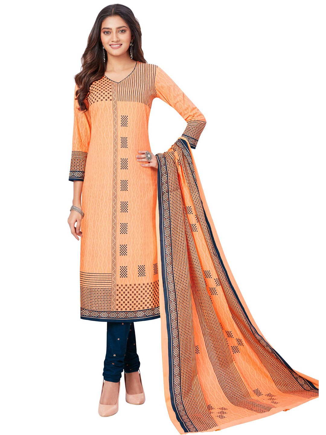 

SALWAR STUDIO Orange & Blue Printed Pure Cotton Unstitched Dress Material