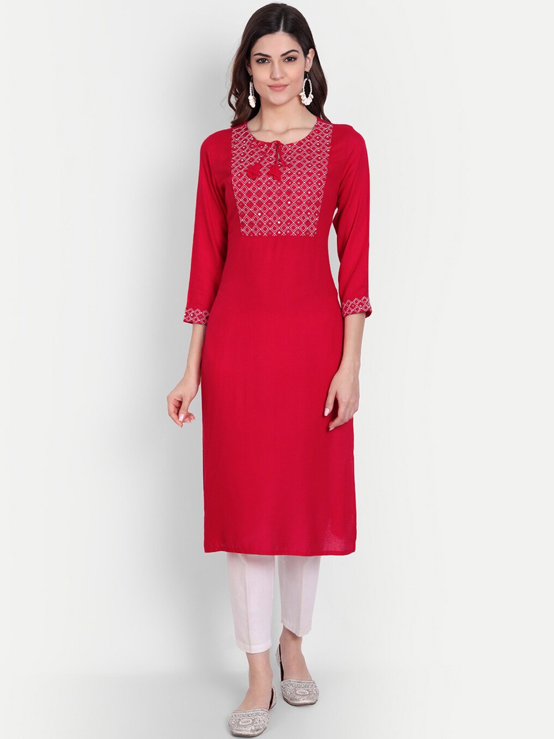 

KASHEEDA Women Red & Pink Yoke Design Thread Work Straight Kurta