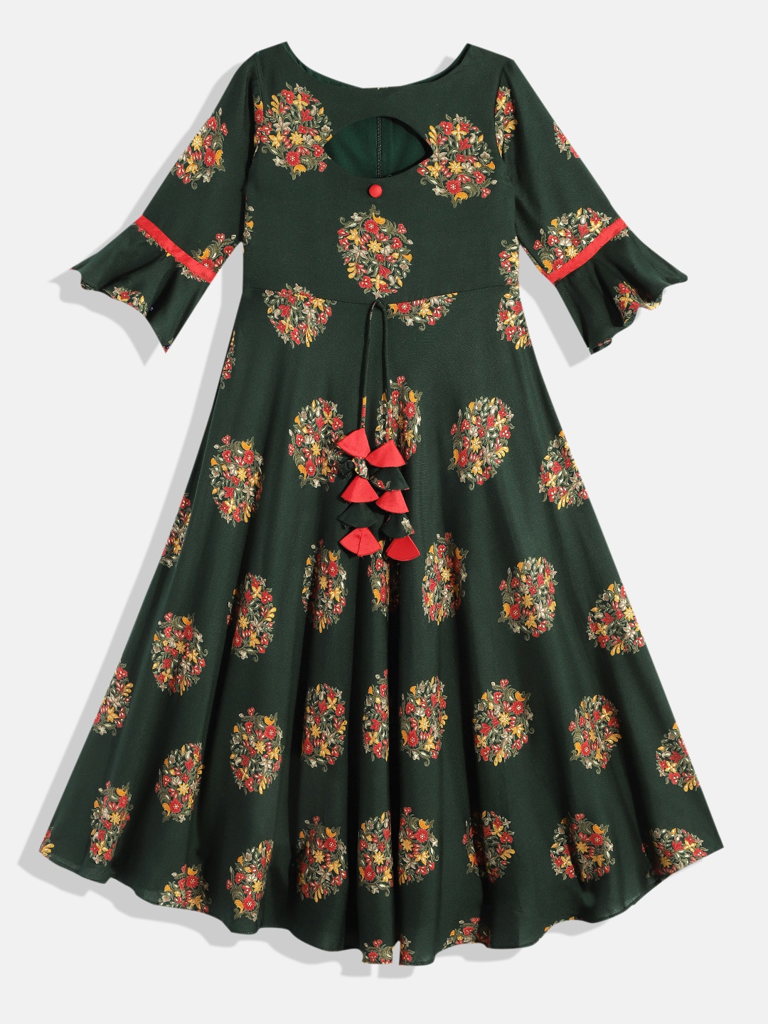 

Ethnovog Girls Green Red Made To Measure Ethnic Motifs Printed A-Line Maxi Dress