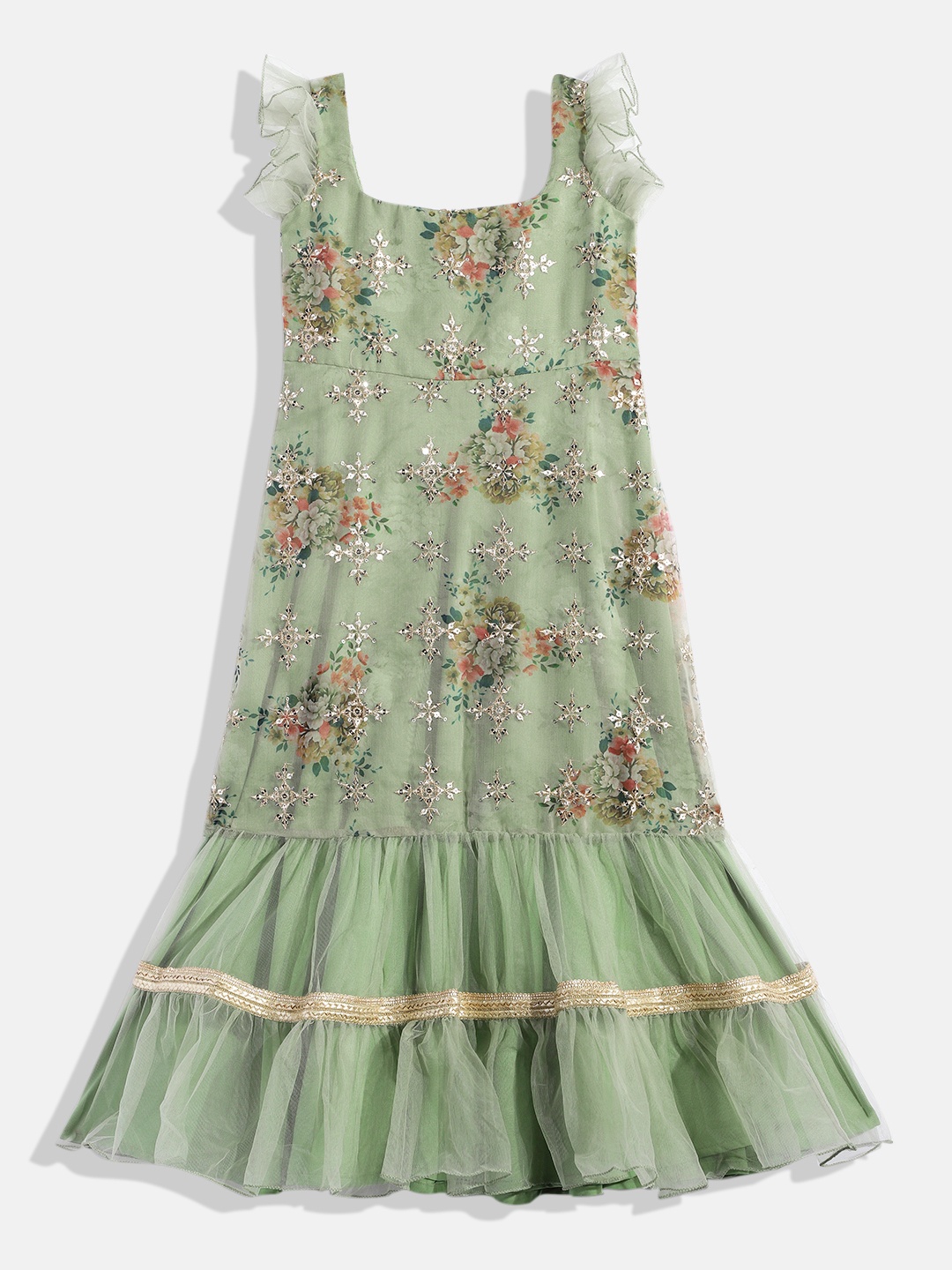 

Ethnovog Girls Green Embellished Embroidered Made To Measure Organza Gown