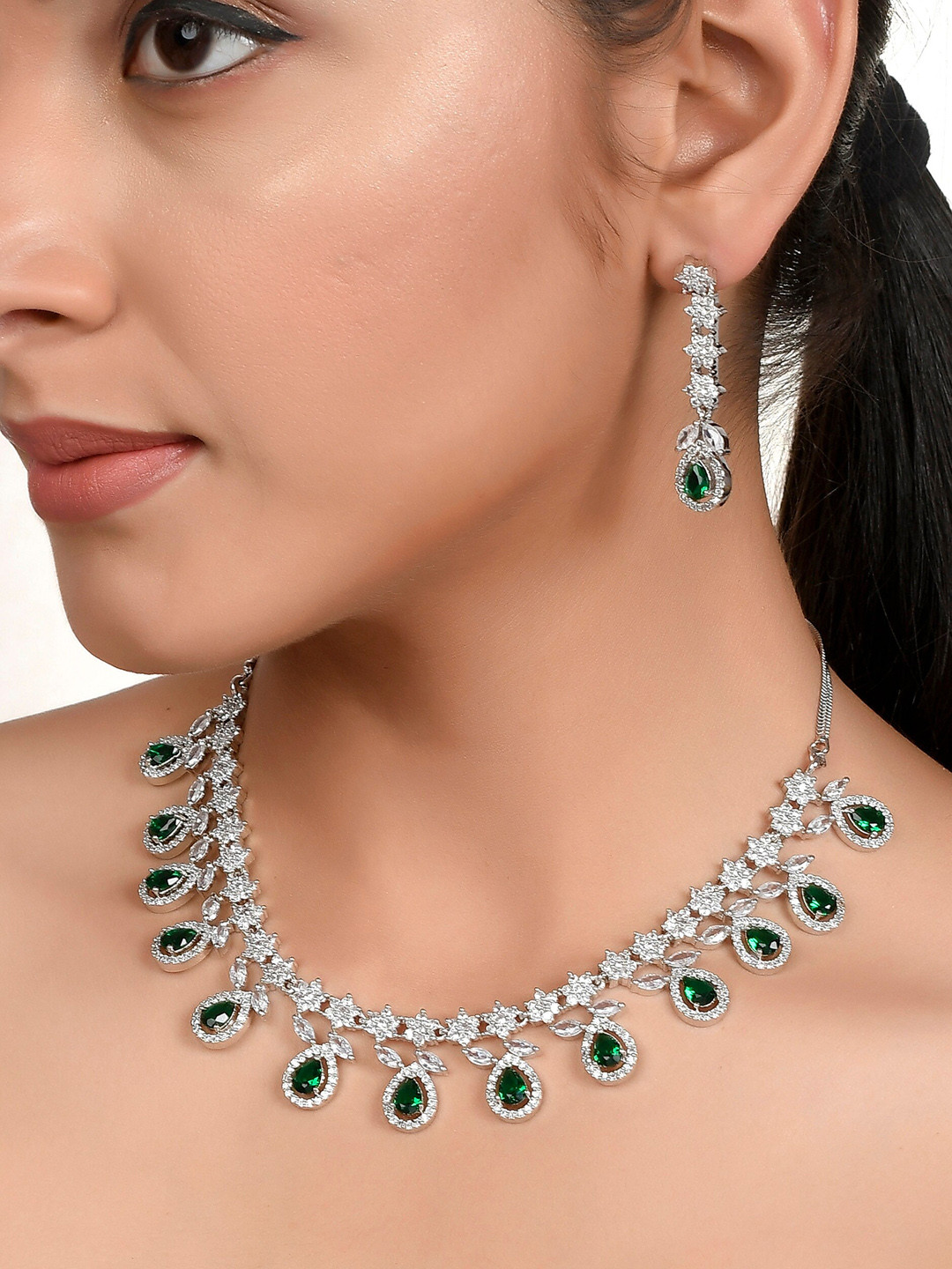 

AQUASTREET JEWELS Silver-Plated Green AD Studded Jewellery Set