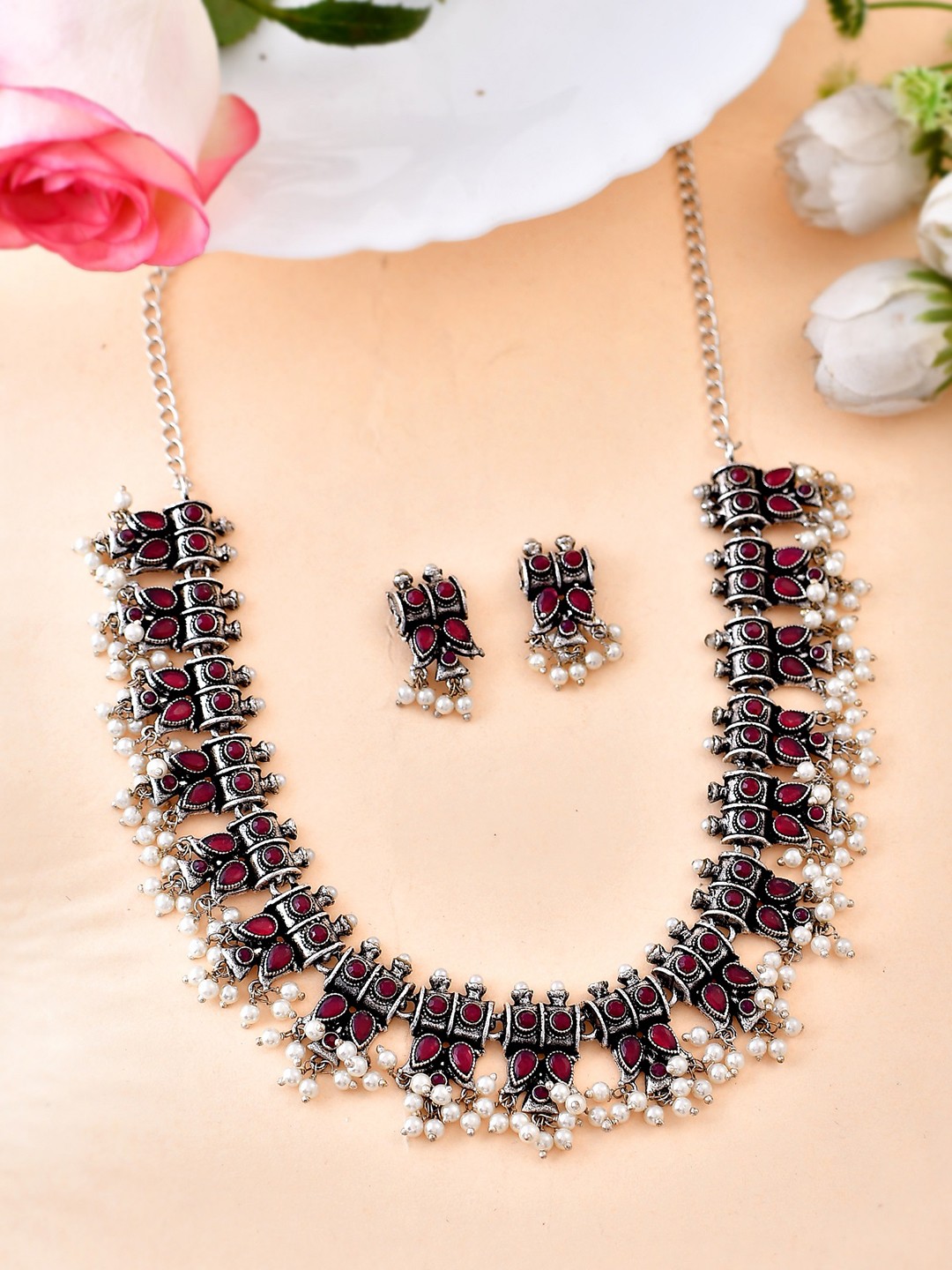 

AQUASTREET JEWELS Oxidised Silver Plated Red Jewellery Set