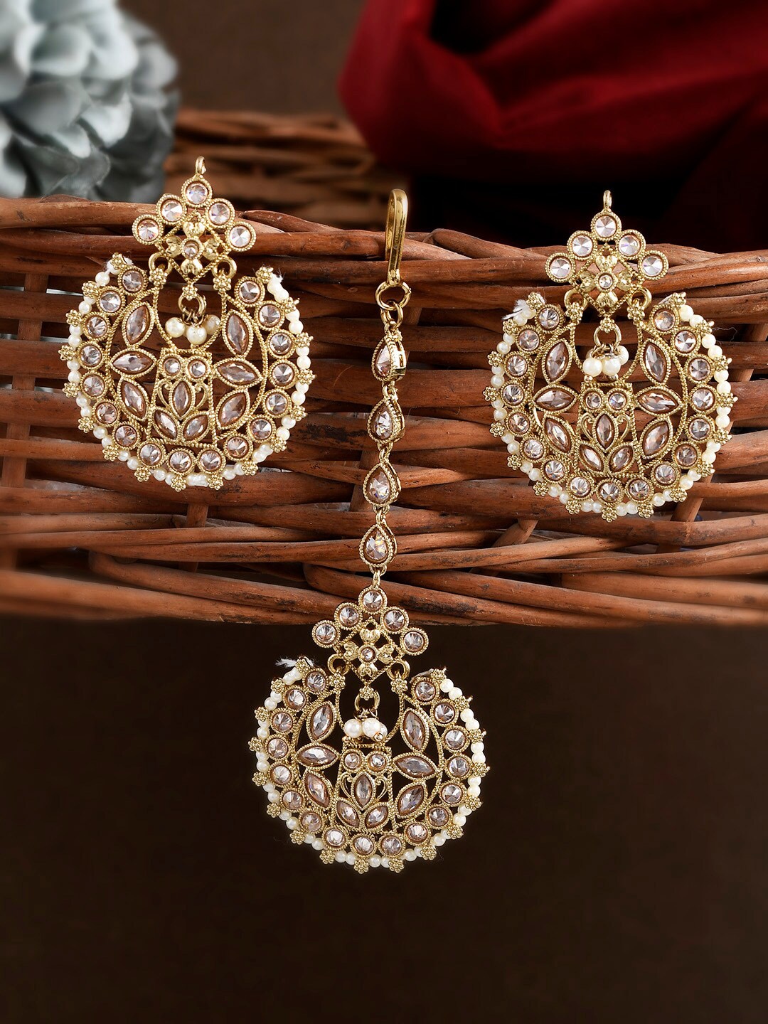 

AQUASTREET JEWELS Gold-Plated White & Pink AD Studded Earring & Maangtikka & Set