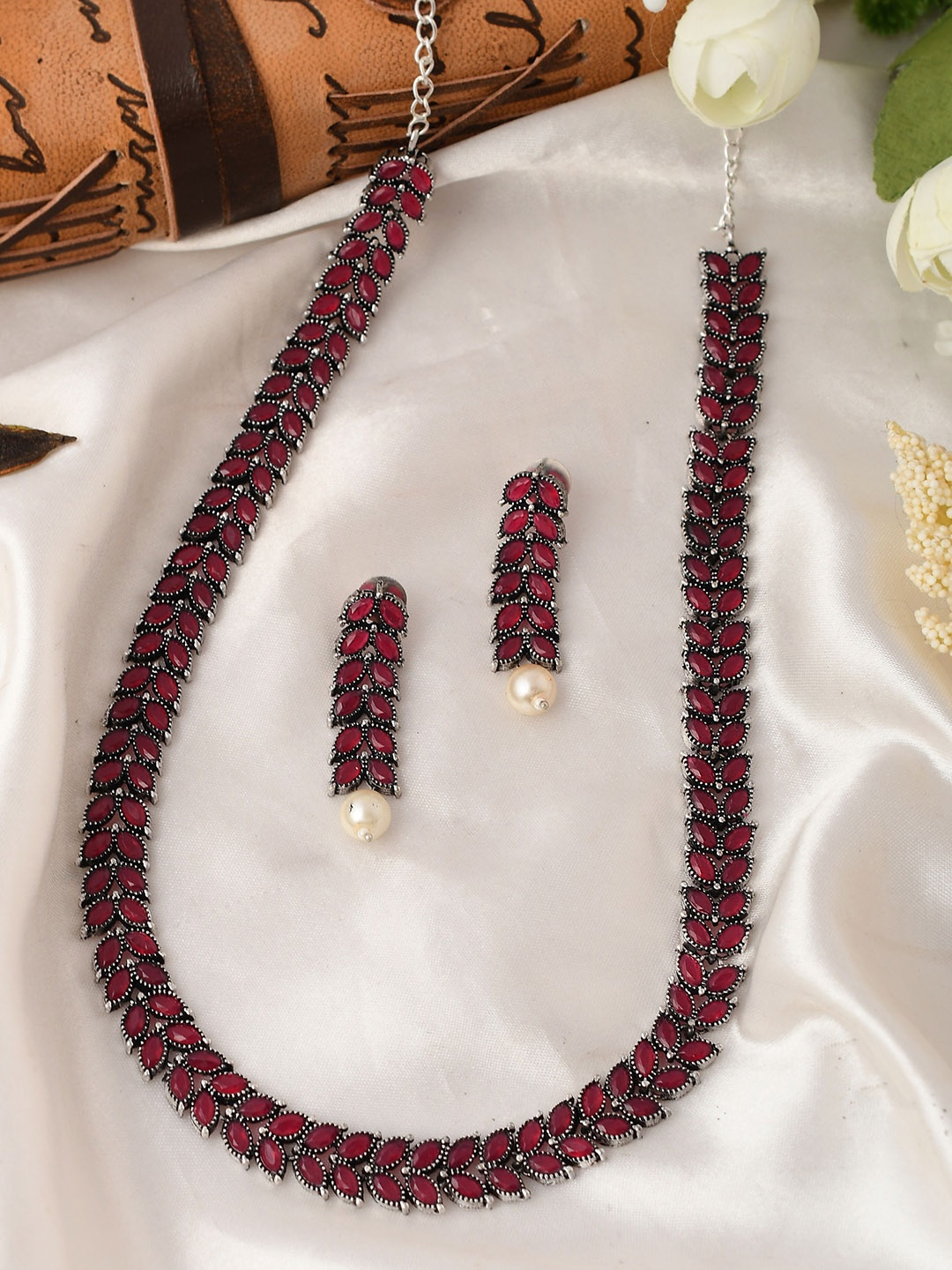 

AQUASTREET JEWELS Red Oxidized Silver Plated Leaf Design Ruby Stone Necklace Set