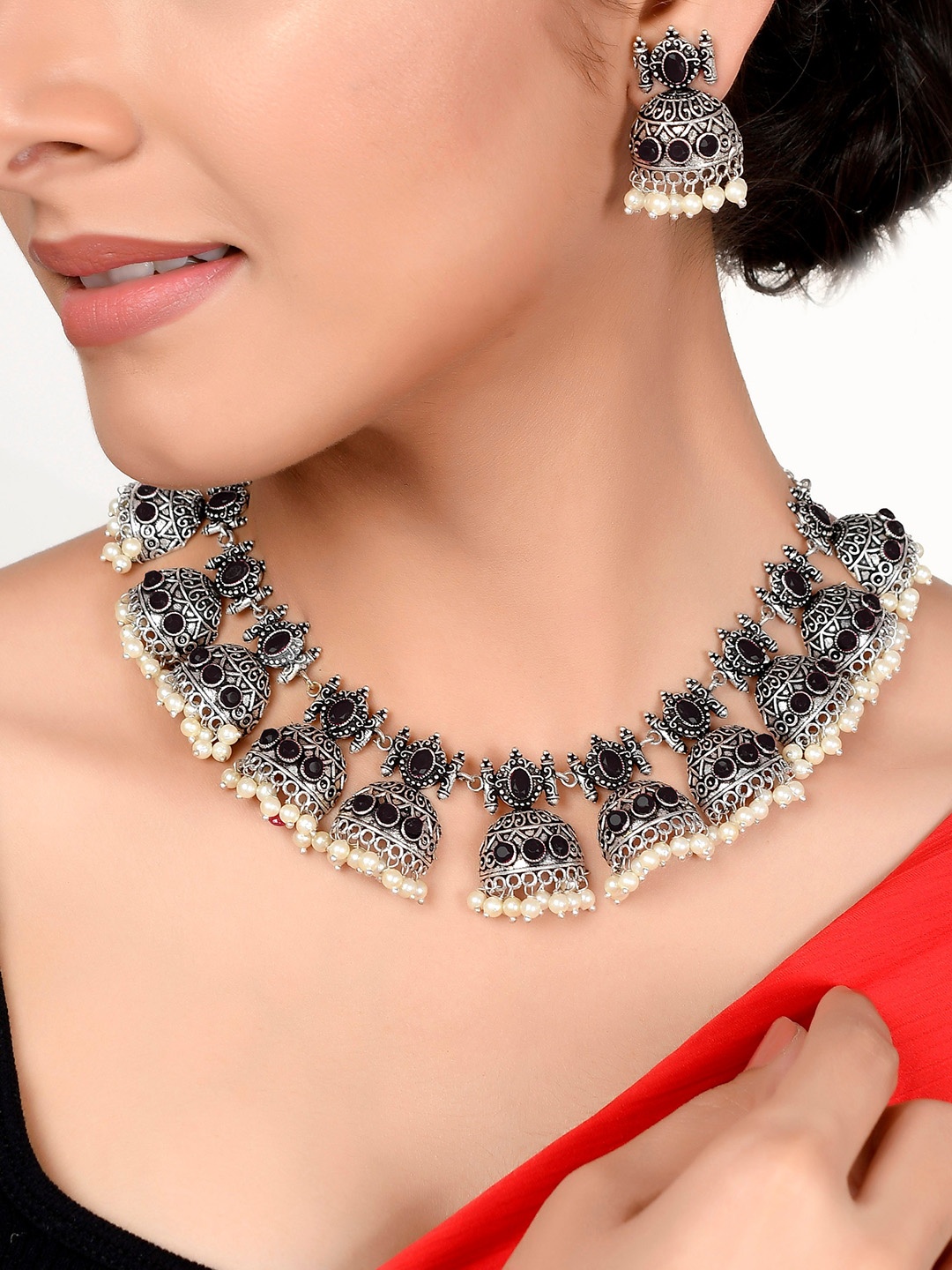 

AQUASTREET JEWELS Silver Plated & Black Stone Studded Jewellery Set