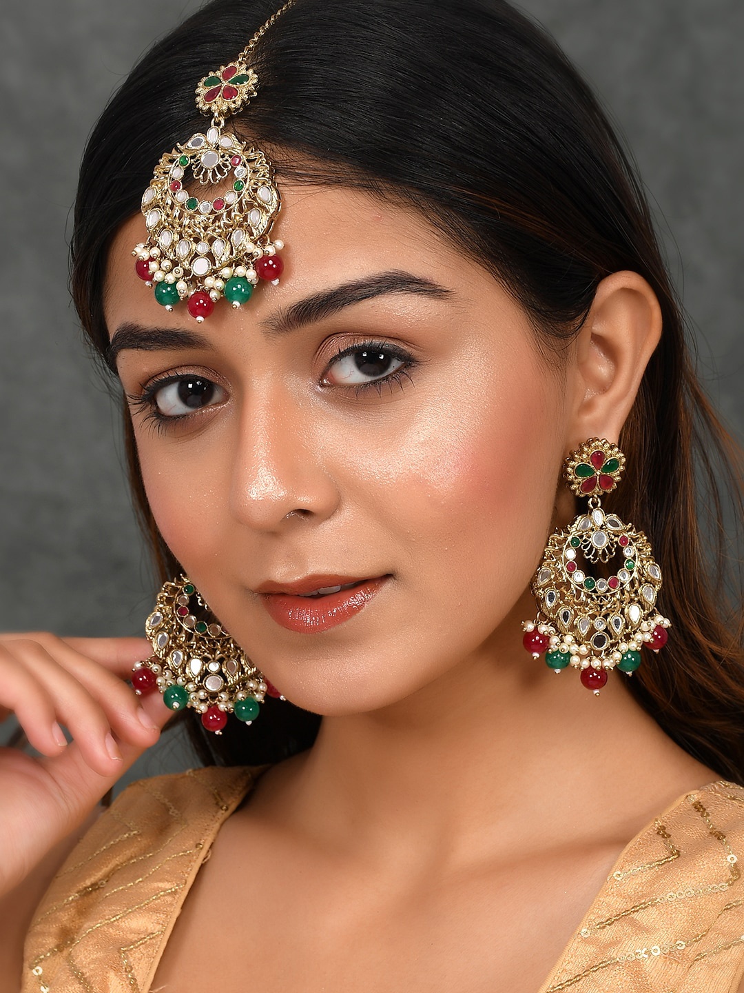 

AQUASTREET JEWELS Gold-Plated Red & Green Stone-Studded Beaded Jewellery Set