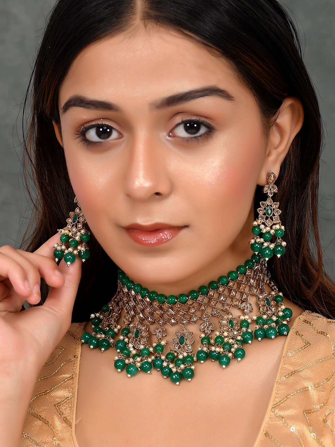 

AQUASTREET JEWELS Gold-Plated Green AD Studded Jewellery Set