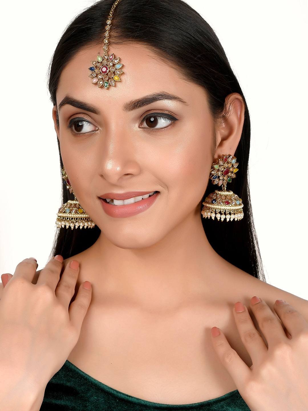 

AQUASTREET JEWELS Gold Plated Multicoloured Stone Studded Jewellery Set, Multi