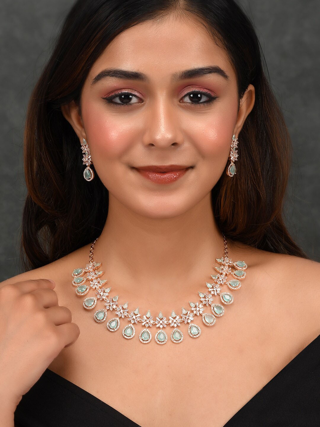 

AQUASTREET JEWELS Rose Gold-Plated & Green CZ-Studded Jewellery Set