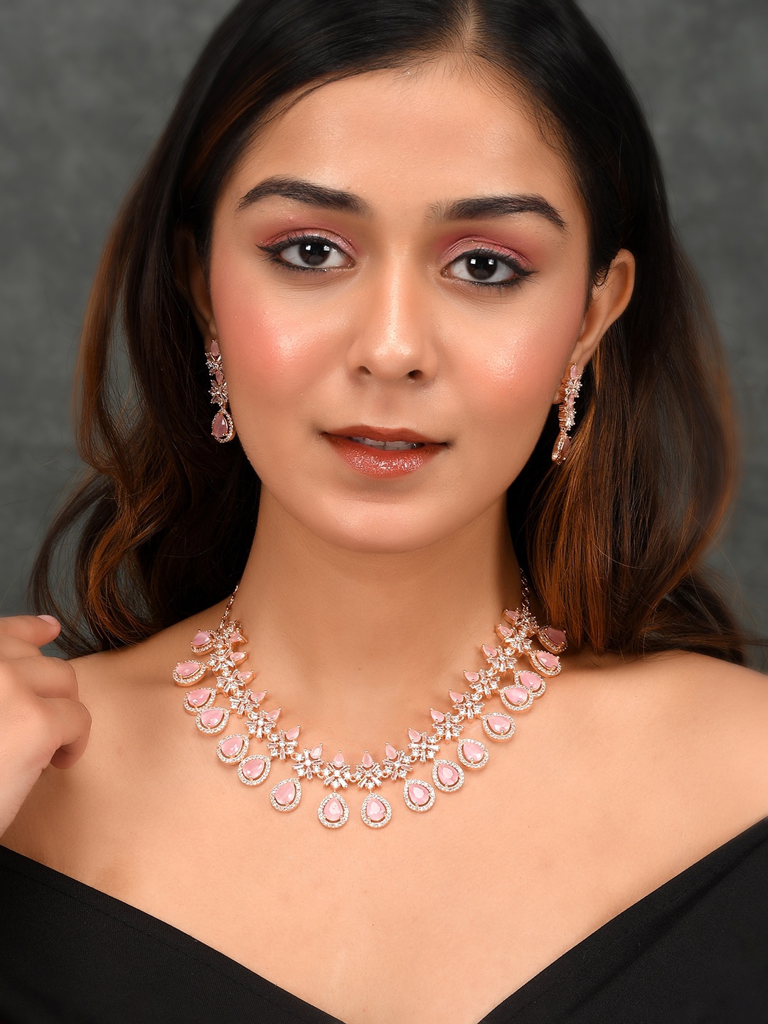 

AQUASTREET JEWELS Rose Gold-Plated Pink & White CZ Studded Jewellery Set