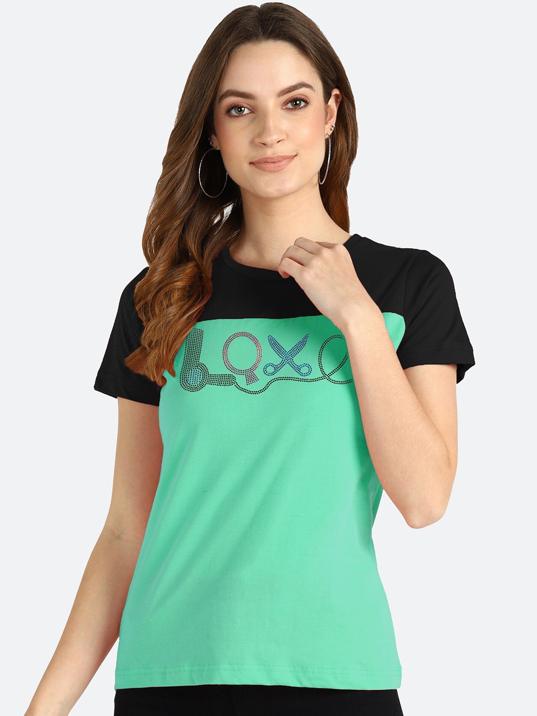 

shashvi Women Teal & Black Colourblocked T-shirt