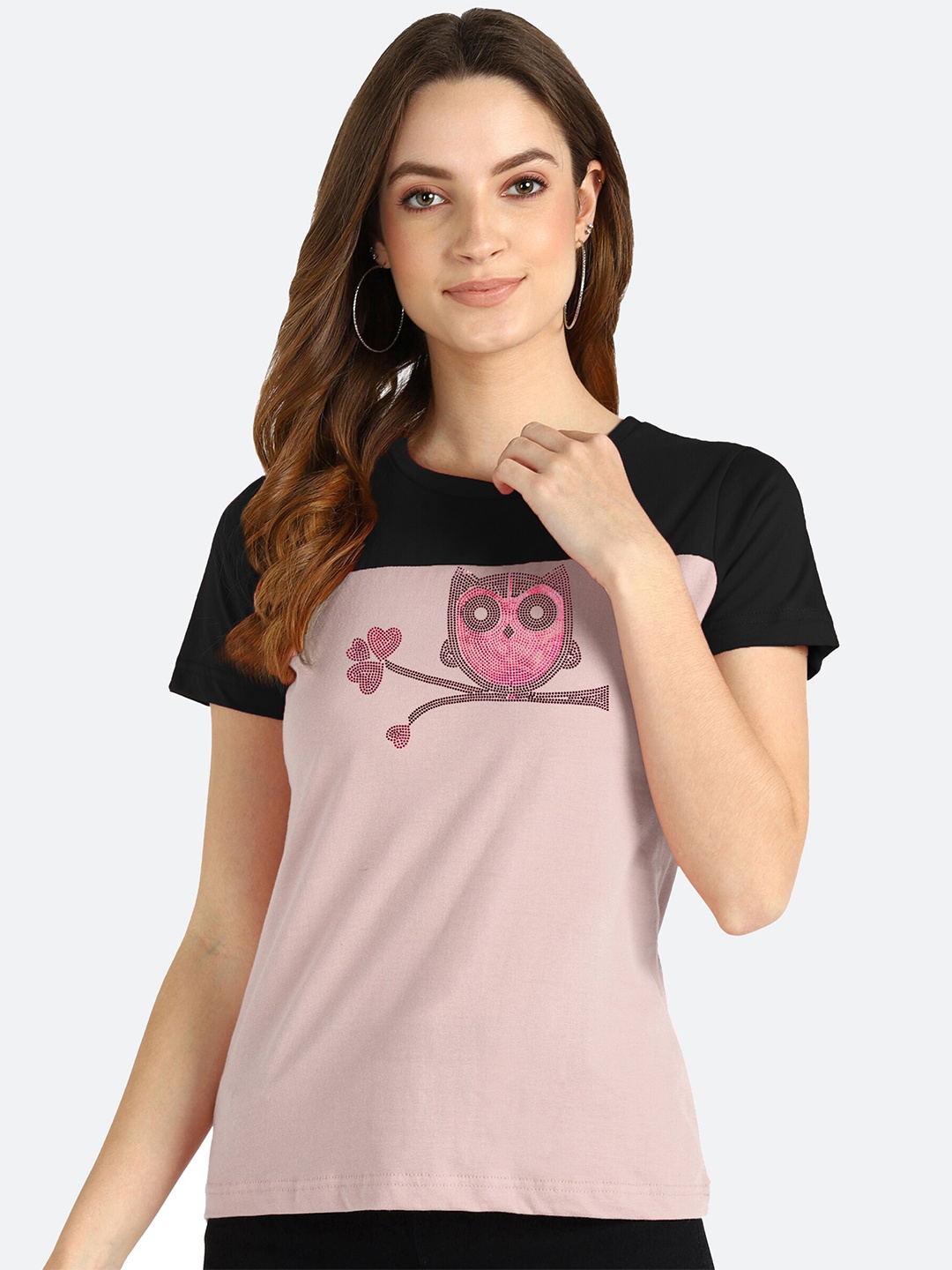 

shashvi Women Pink & Black Embellished Cotton T-shirt