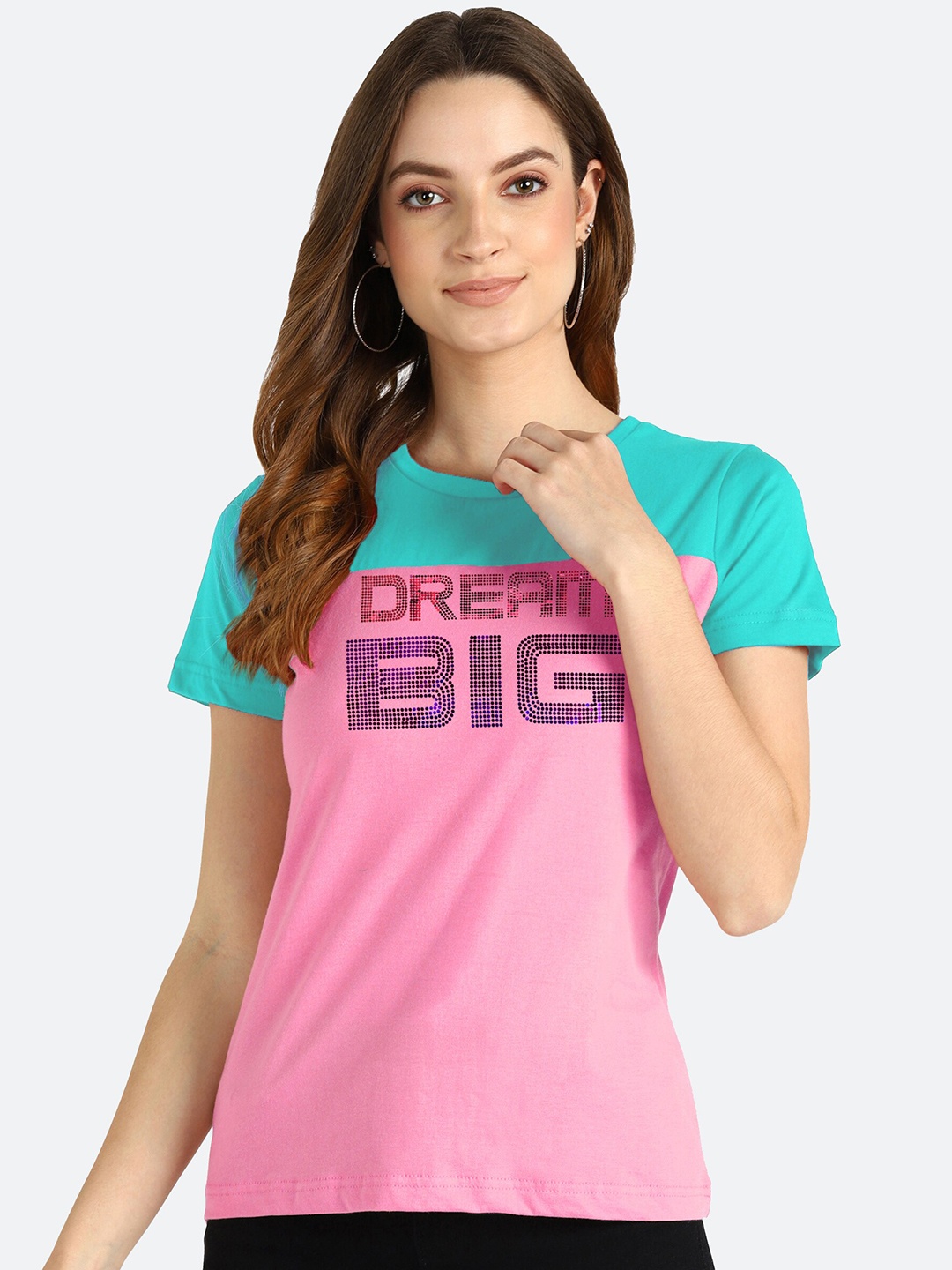 shashvi Women Pink & Blue Typography Printed Cotton T-shirt