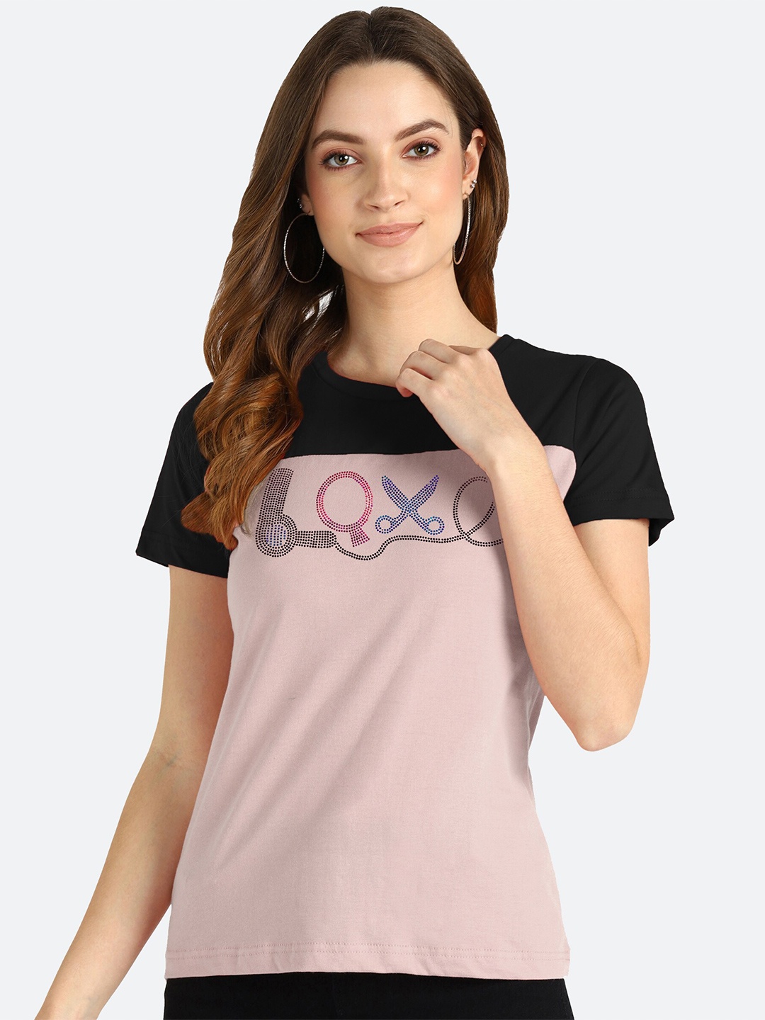 

shashvi Women Pink & Black Embellished Colourblocked T-shirt