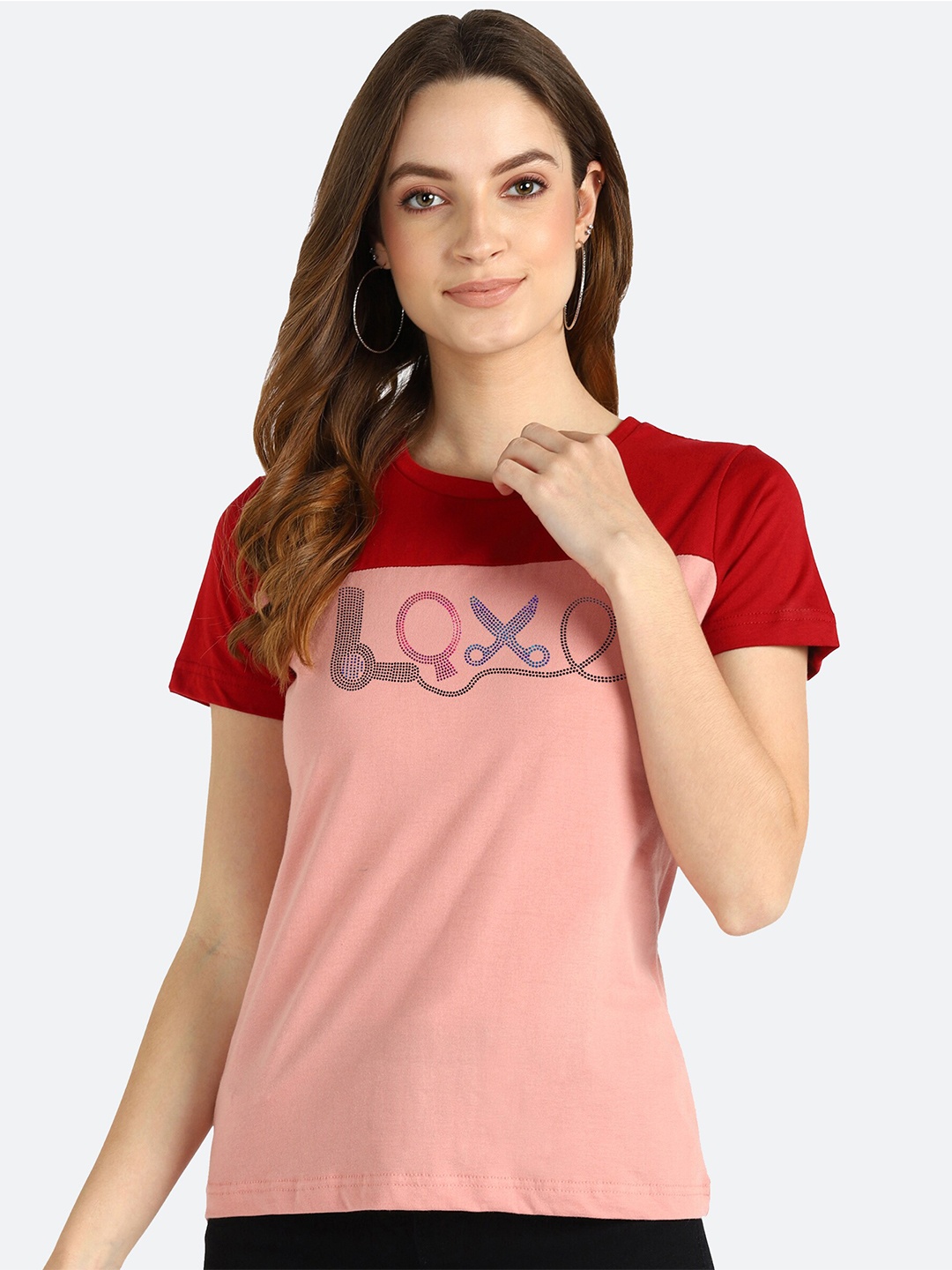 shashvi Women Peach Colourblocked T-shirt