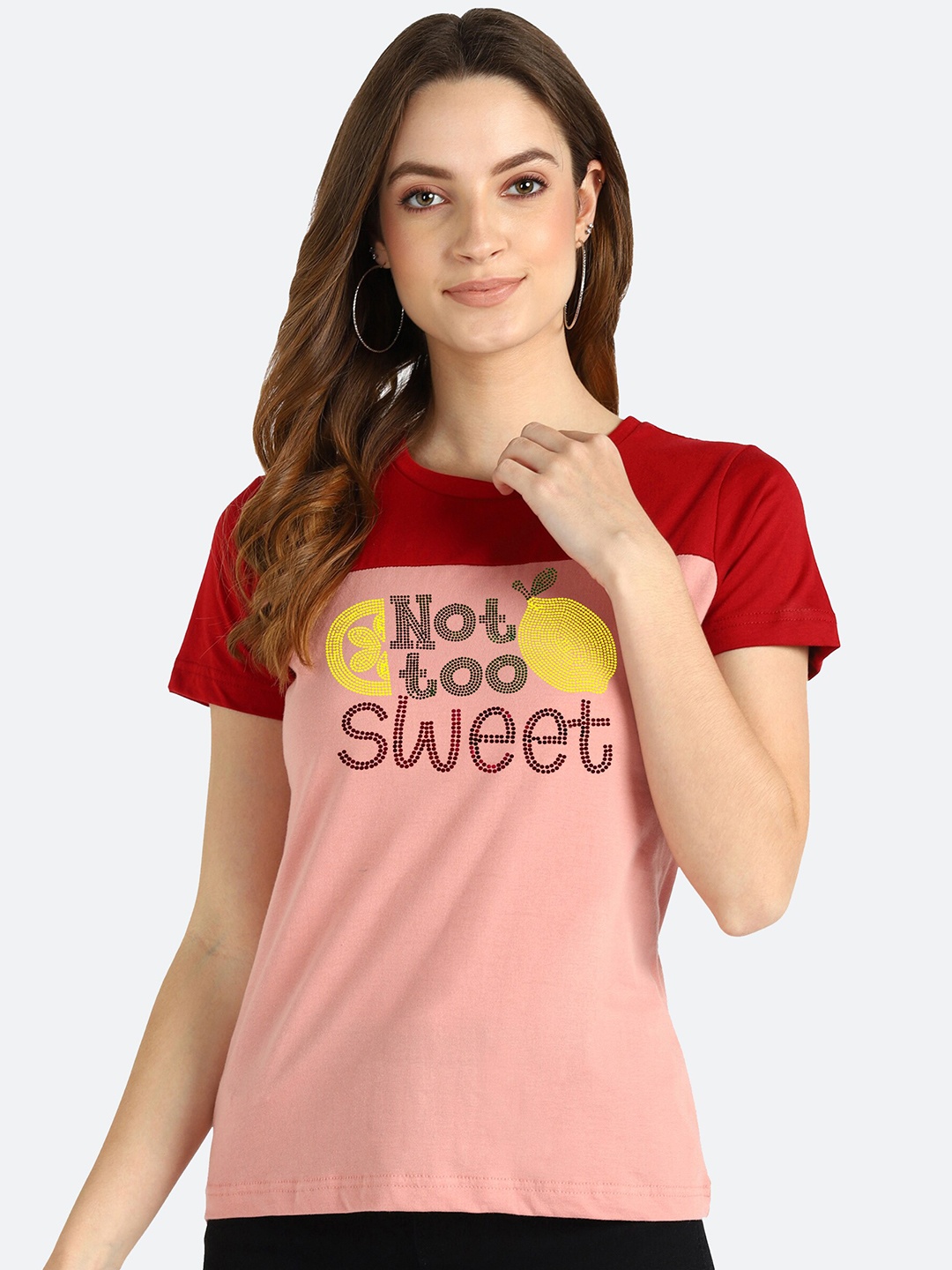 

shashvi Women Peach-Coloured & Red Colourblocked T-shirt