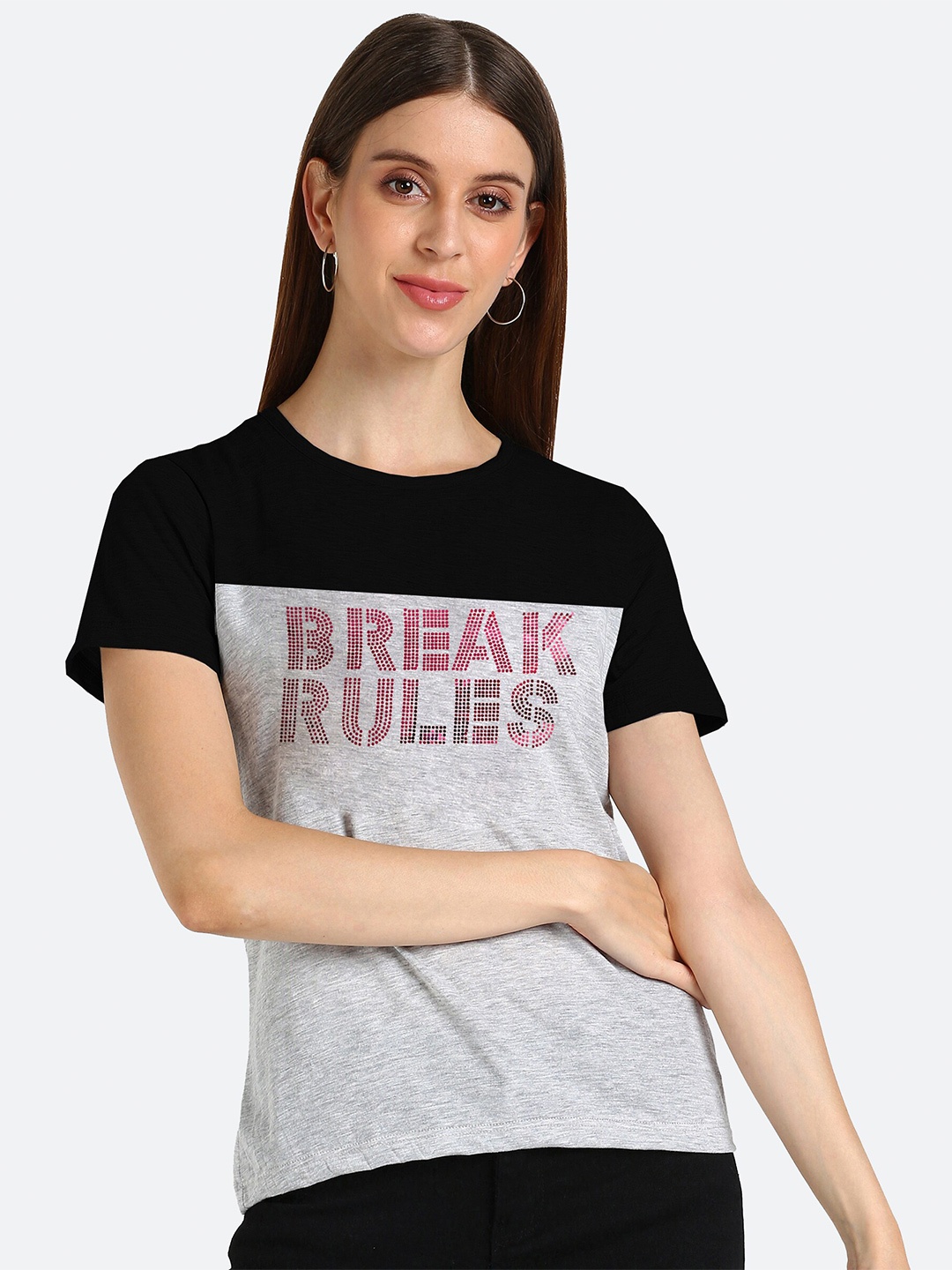 

shashvi Women Grey & Black Embellished Colourblocked Cotton T-shirt