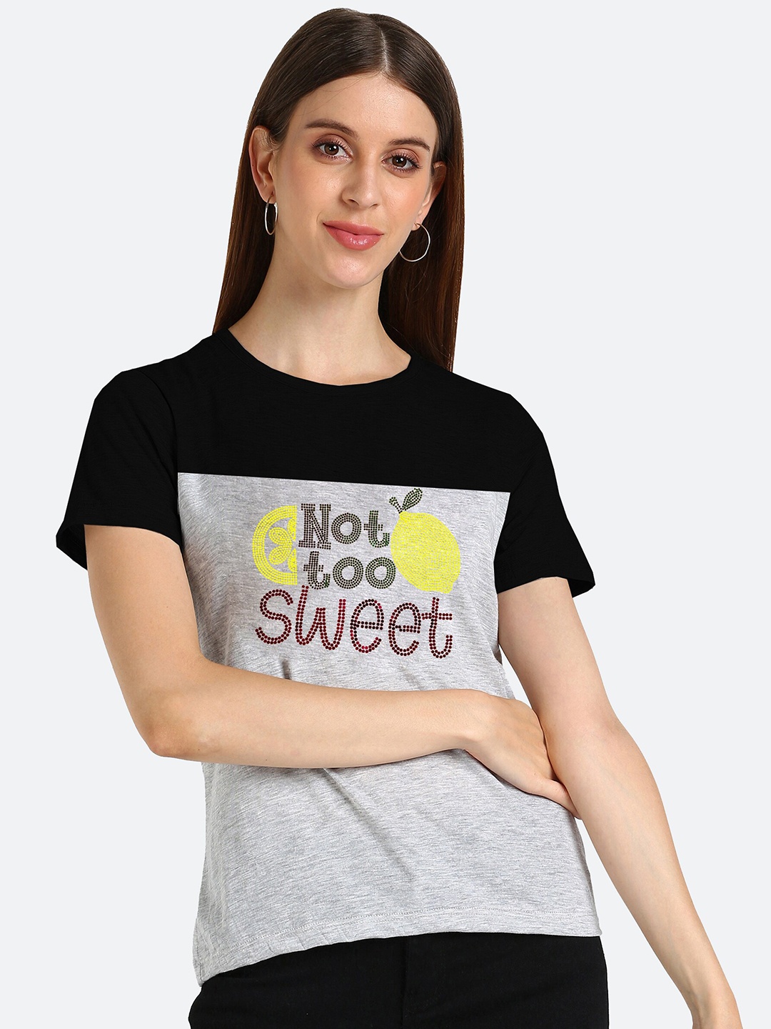 

shashvi Women Grey & Black Typography Printed Cotton T-shirt
