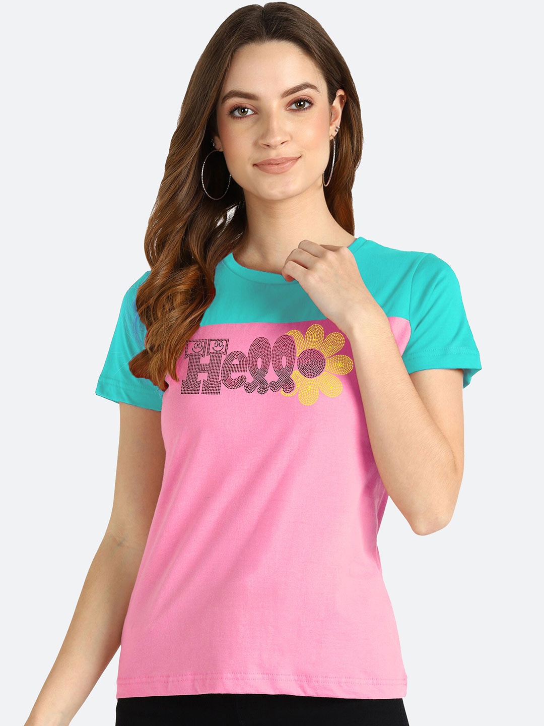 

shashvi Women Pink & Blue Colourblocked T-shirt