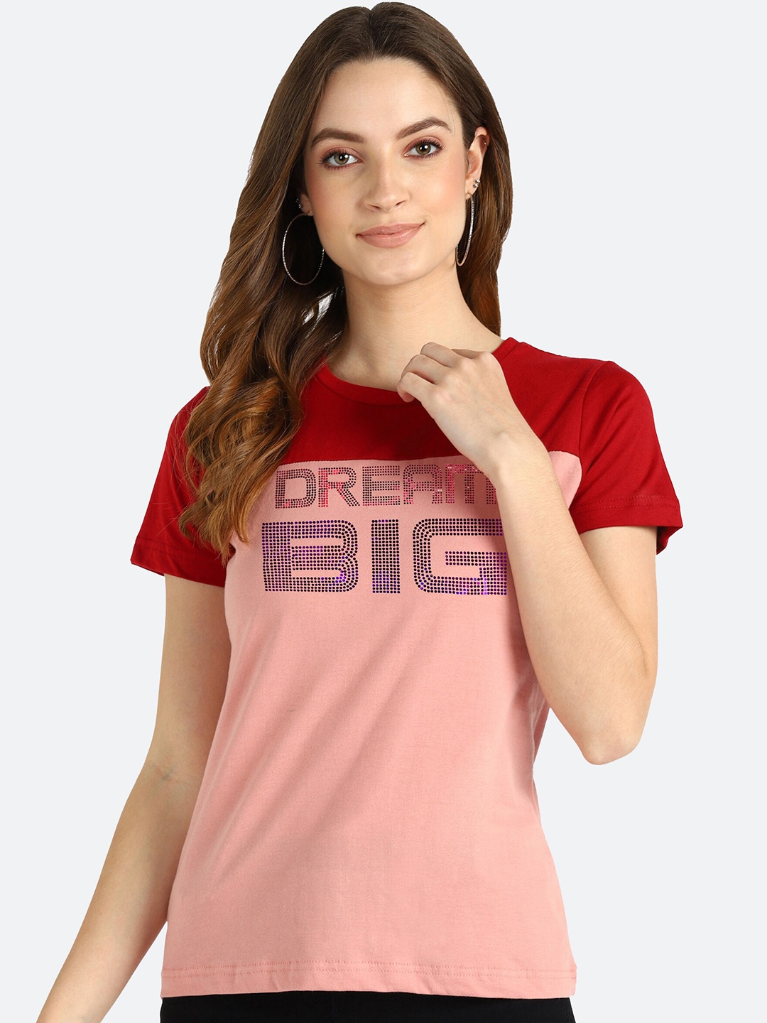 

shashvi Women Pink & Red Typography Printed T-shirt