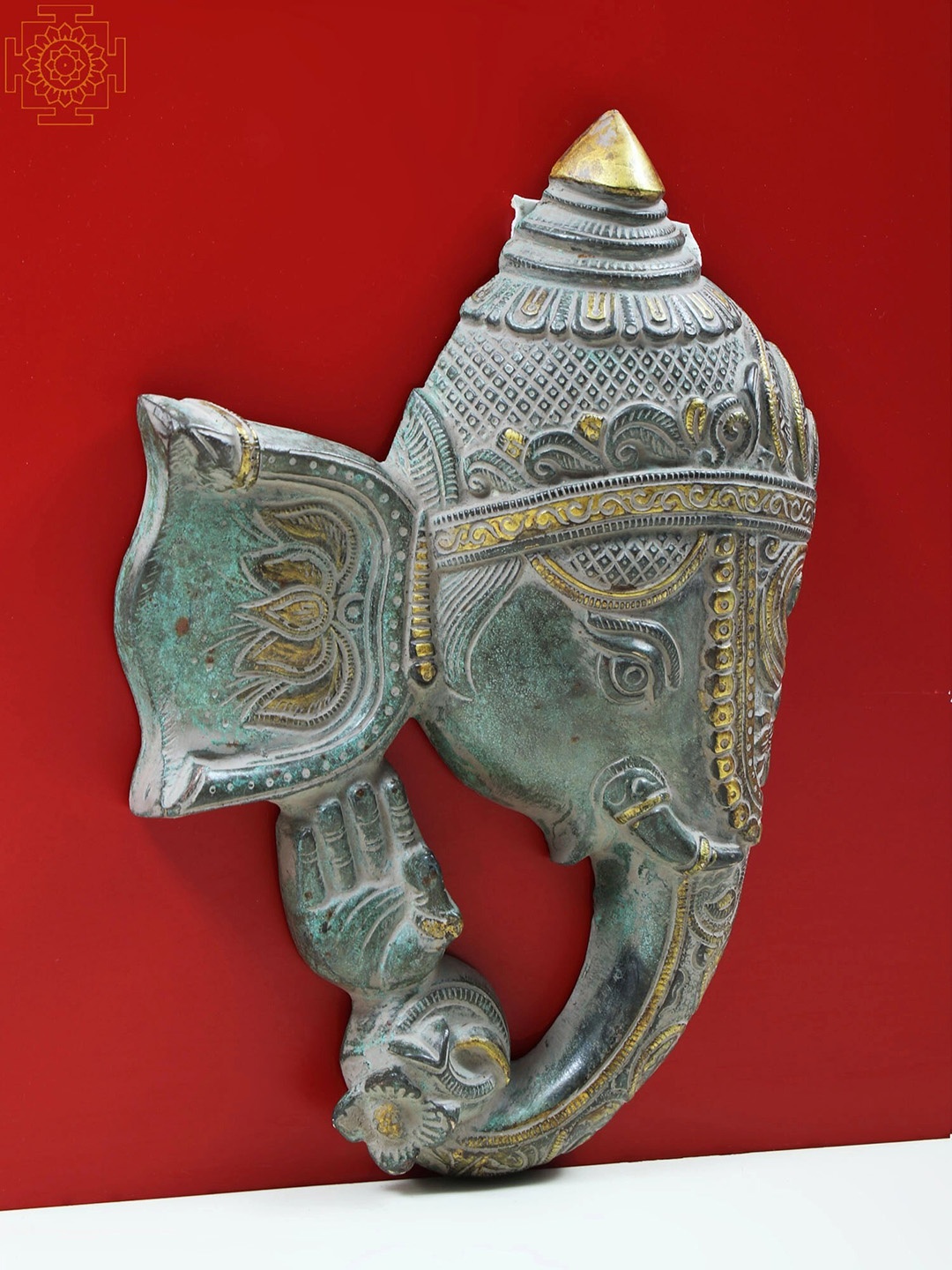 

Exotic India 11" Brass Lord Ganesha Face Wall Hanging, Green