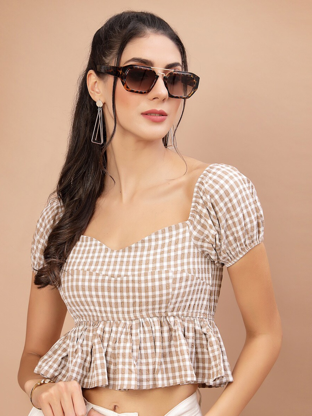 

KASSUALLY Brown Checked Sweetheart Neck Crepe Peplum Crop Top