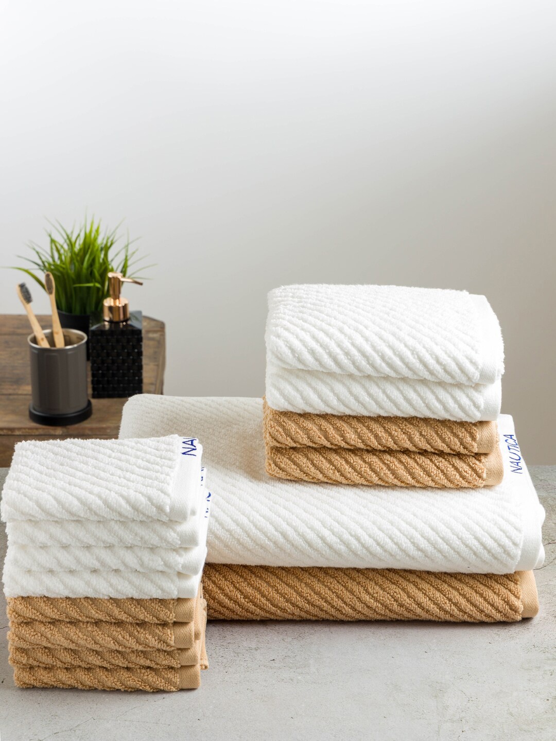 

Nautica Set Of 14 Self Design Pure Cotton Bath, Hand & Face Towel Set, White