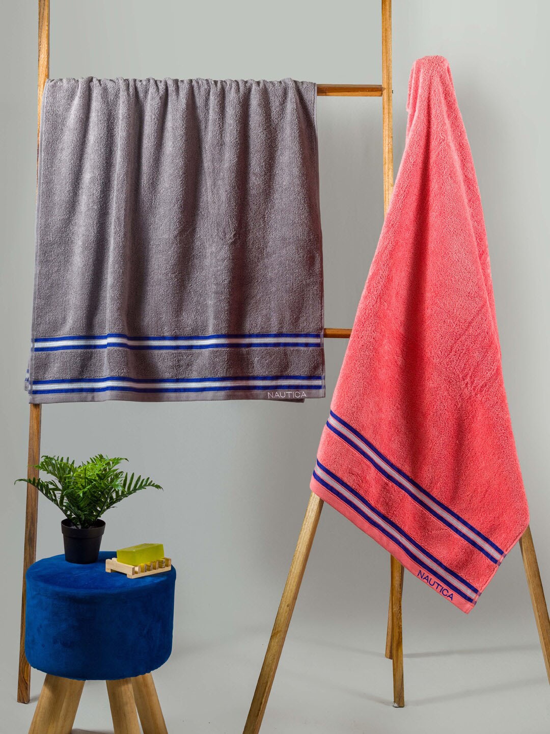 

Nautica Set Of 2 Peach & Grey Solid GSM 500 Pure Cotton Bath Towels