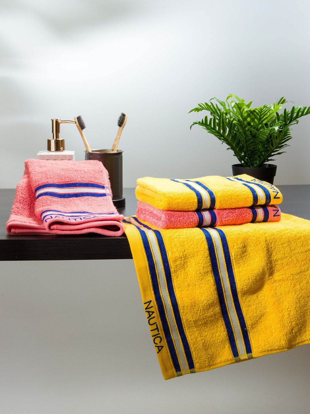 

Nautica Pack of 4 Yellow & Coral Striped 500 GSM Pure Cotton Hand Towel
