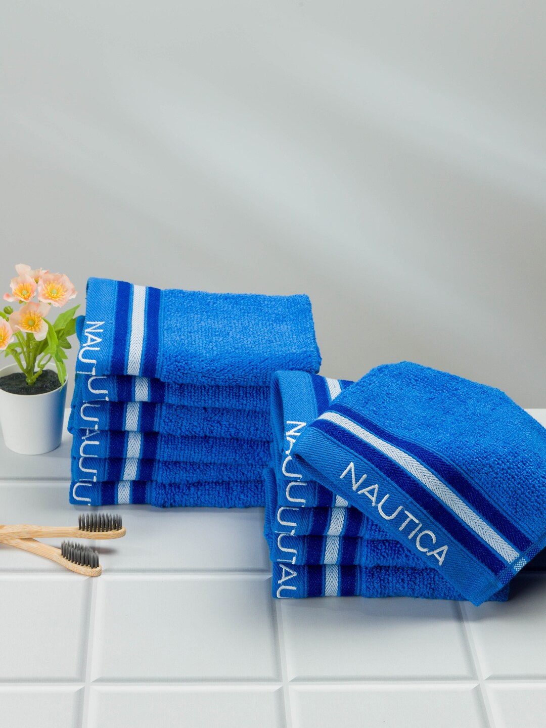 

Nautica Set Of 12 Blue Solid 500 GSM Pure Cotton Face Towels