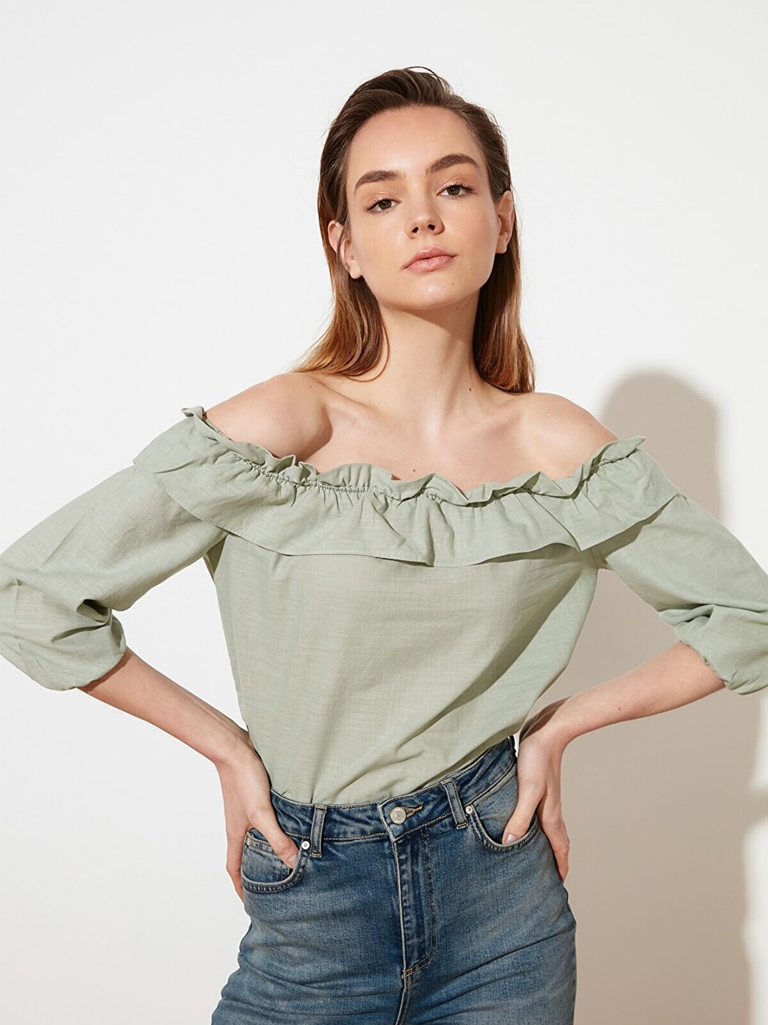 

Trendyol Green Off-Shoulder Bardot Top