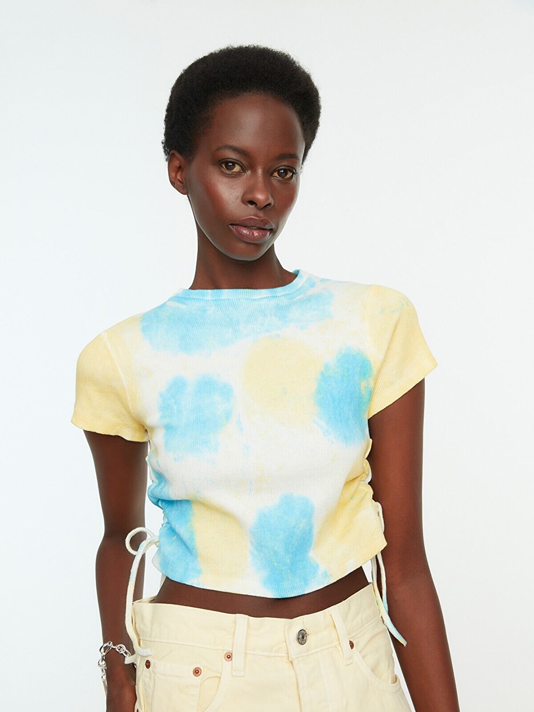 

Trendyol Women Yellow & Blue Print Cotton Top