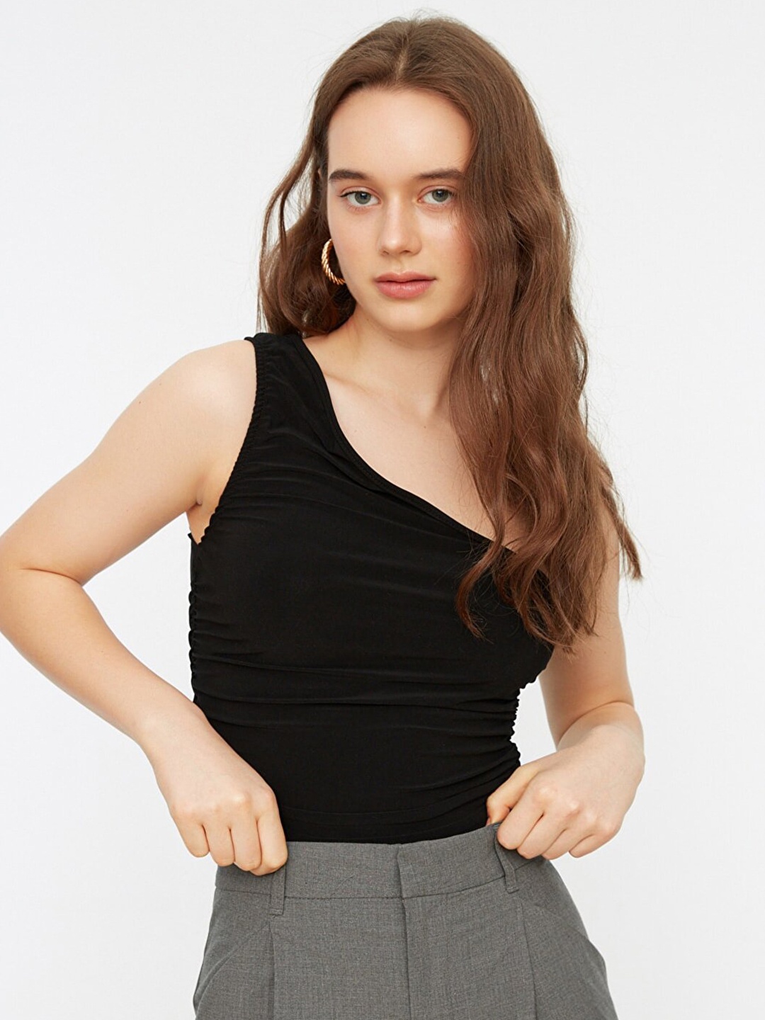 

Trendyol Women Black Solid One Shoulder Top