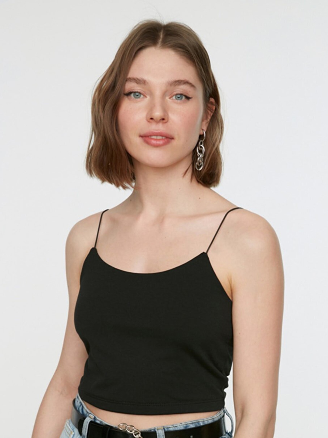 

Trendyol Women Black Solid Tank Crop Top