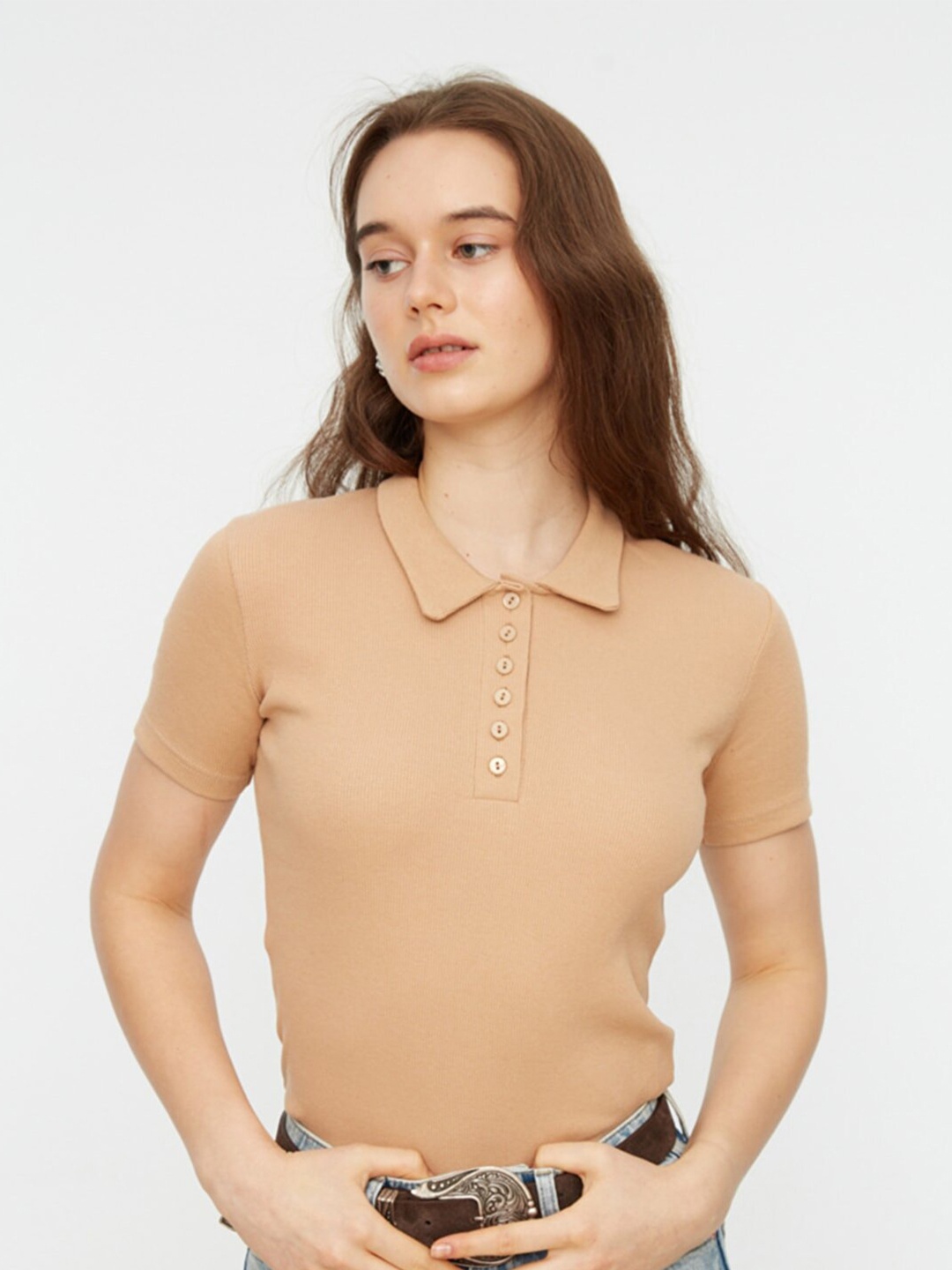 

Trendyol Camel Brown Solid Fitted Top