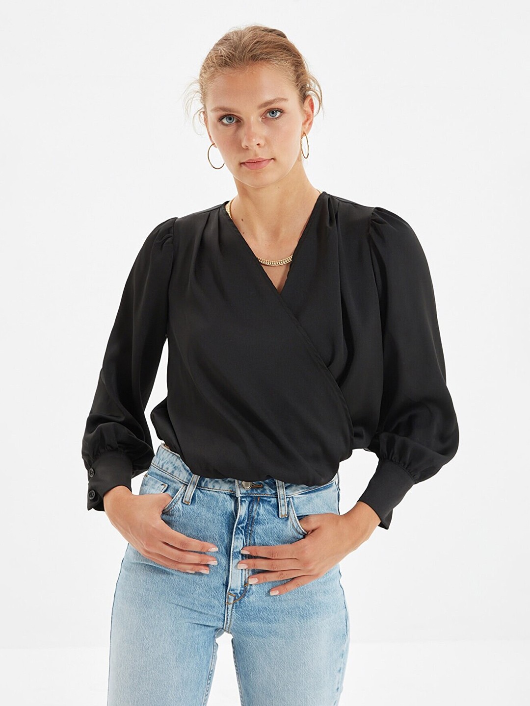 

Trendyol Women Black Solid Wrap Top