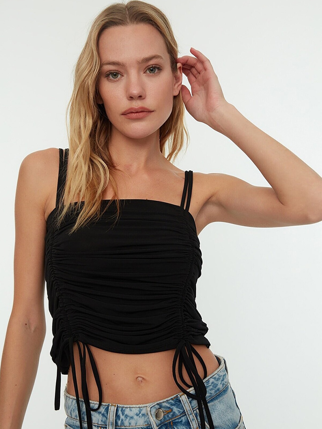 

Trendyol Women Black Solid Ruched Crop Top