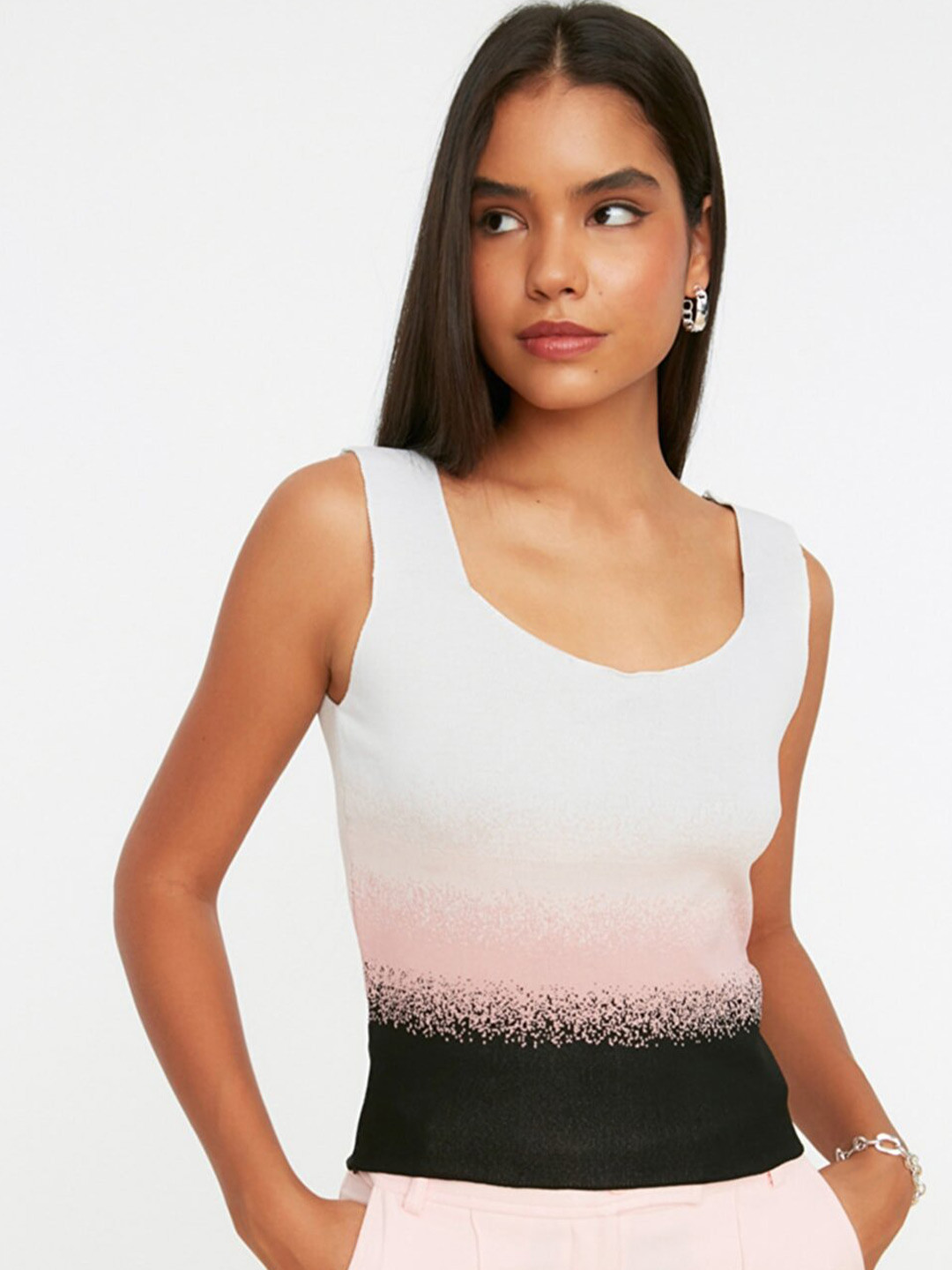 

Trendyol Women Beige & Black Ombre Printed Top