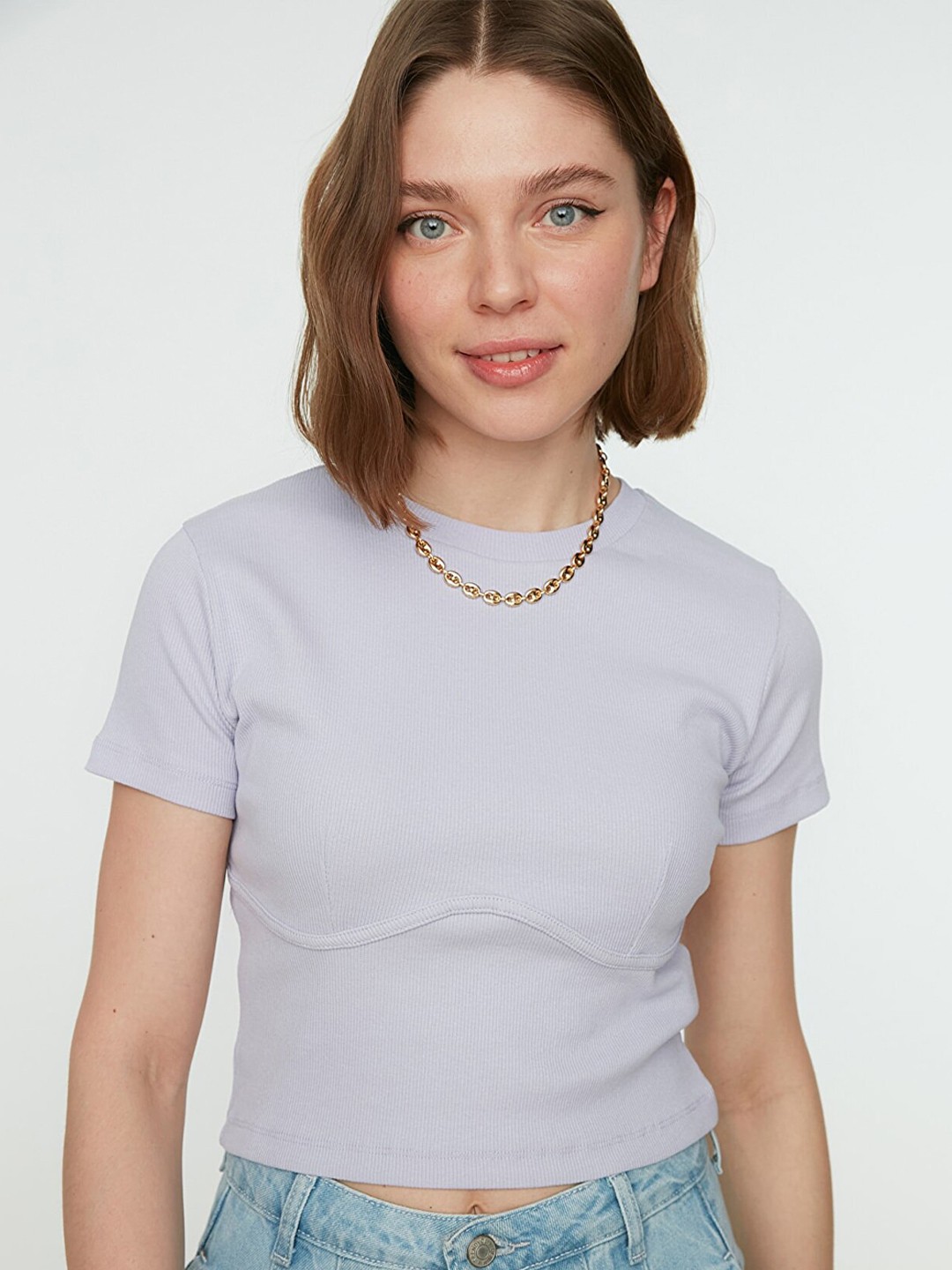 

Trendyol Women Lavender Solid Fitted Crop Top